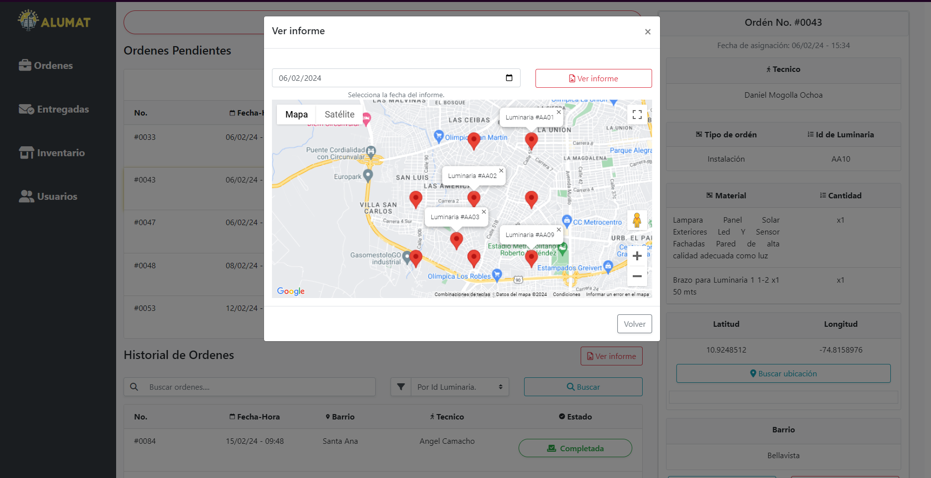 An ALUMAT's Screenshot showing a daily order report