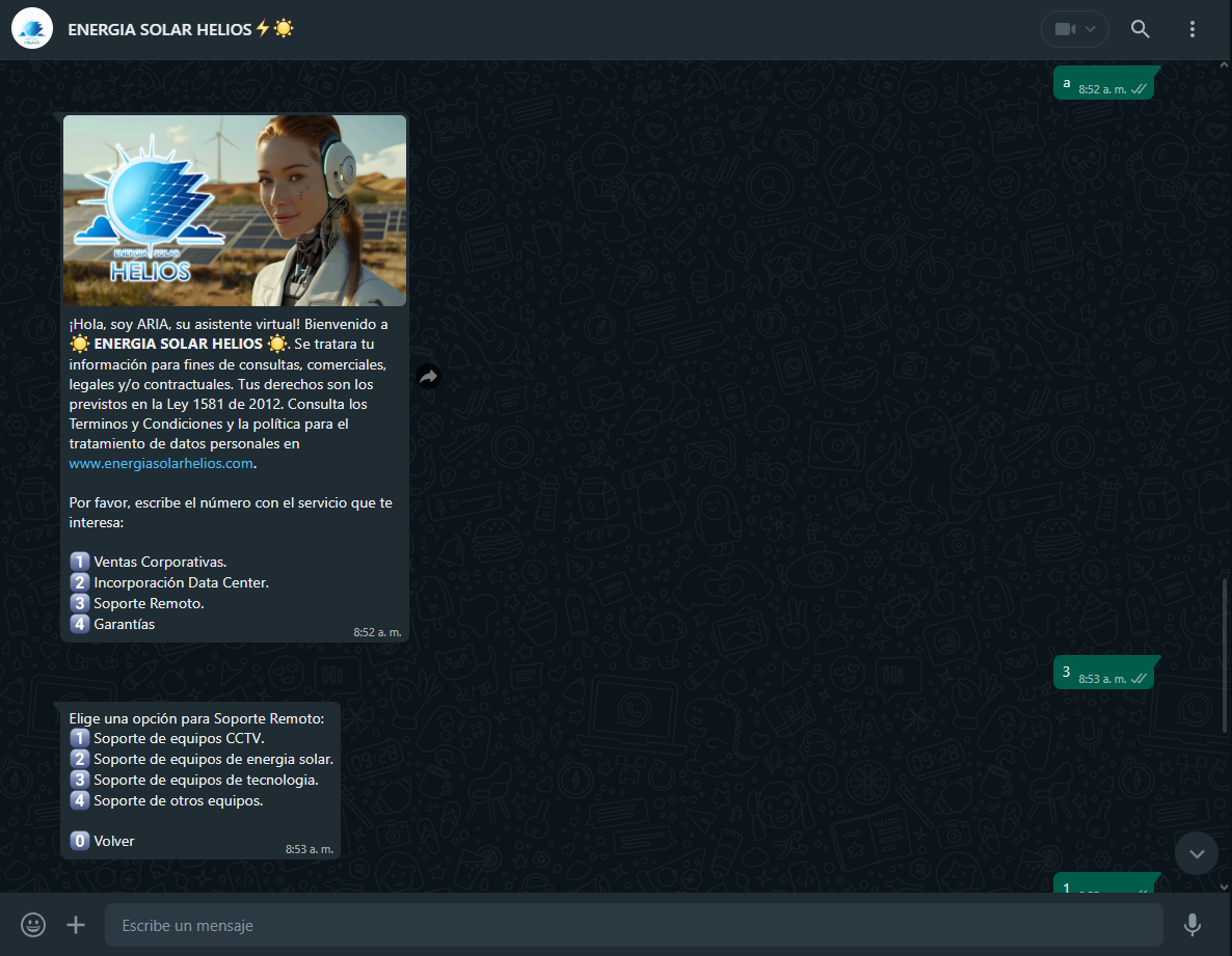 ARIA Chat Screenshot showing the main menu
